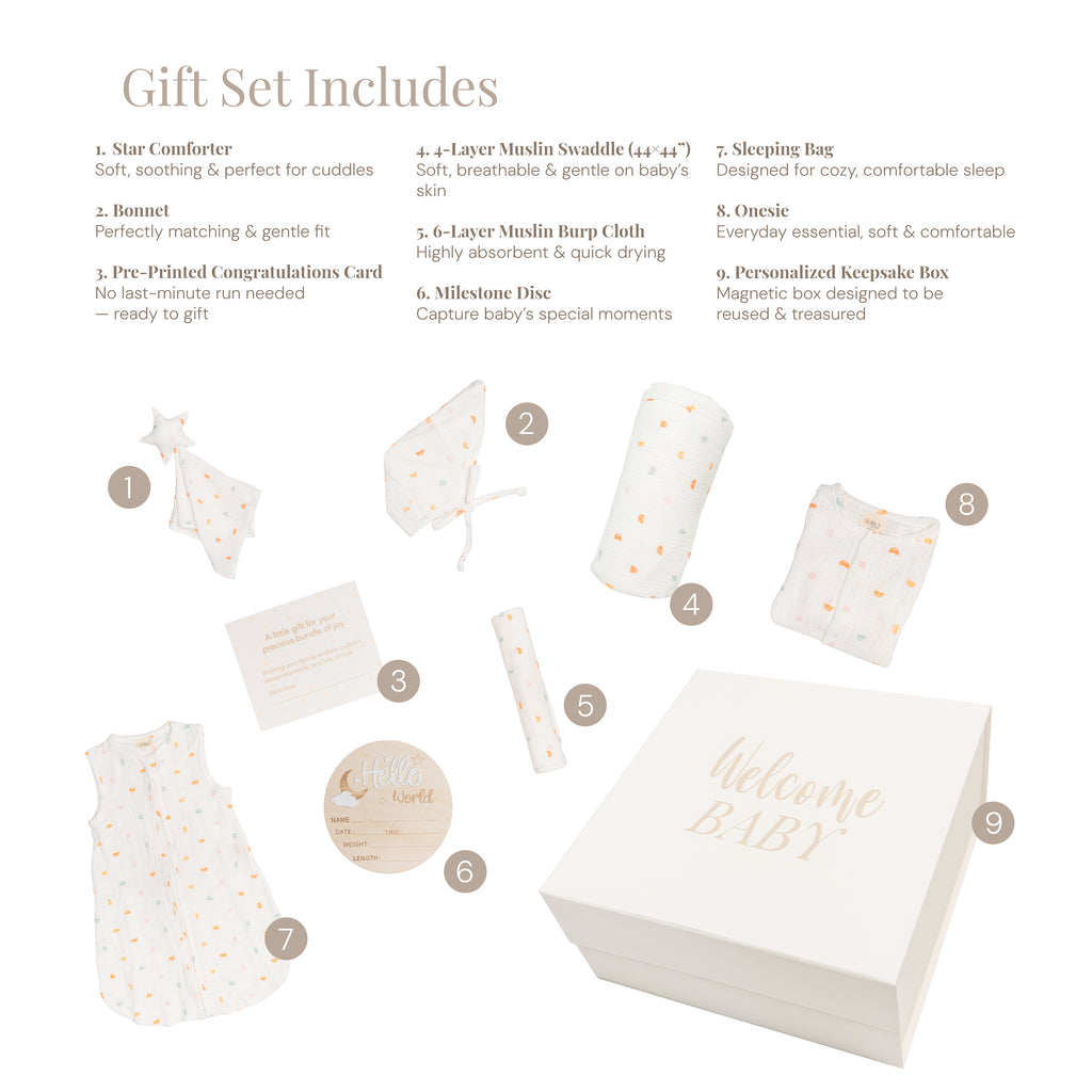 <div id="sectiontarget">Premium Baby Gift Box 🤍 | Made with 100% Cotton Muslin</div>
